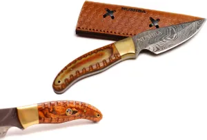 014 handmade Damascus Steel Hunting Skinner knife with Cow Brown Leather Sheath Fixed blade knives for men