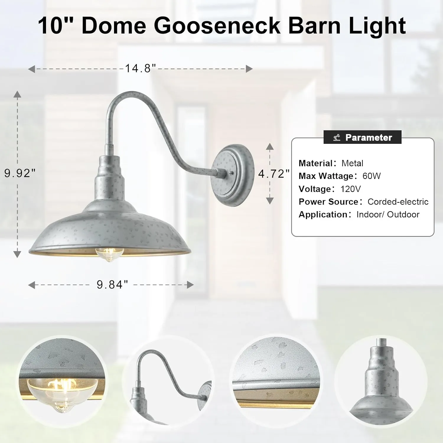 10'' Dome Outdoor Gooseneck Barn Light, Galvanized Steel Exterior Wall Lantern Farmhouse Style Outdoor Porch Wall Sconce for Patio, Yard, Garage 1 Pack Gooseneck Lighting Fixture, LM2201-SV