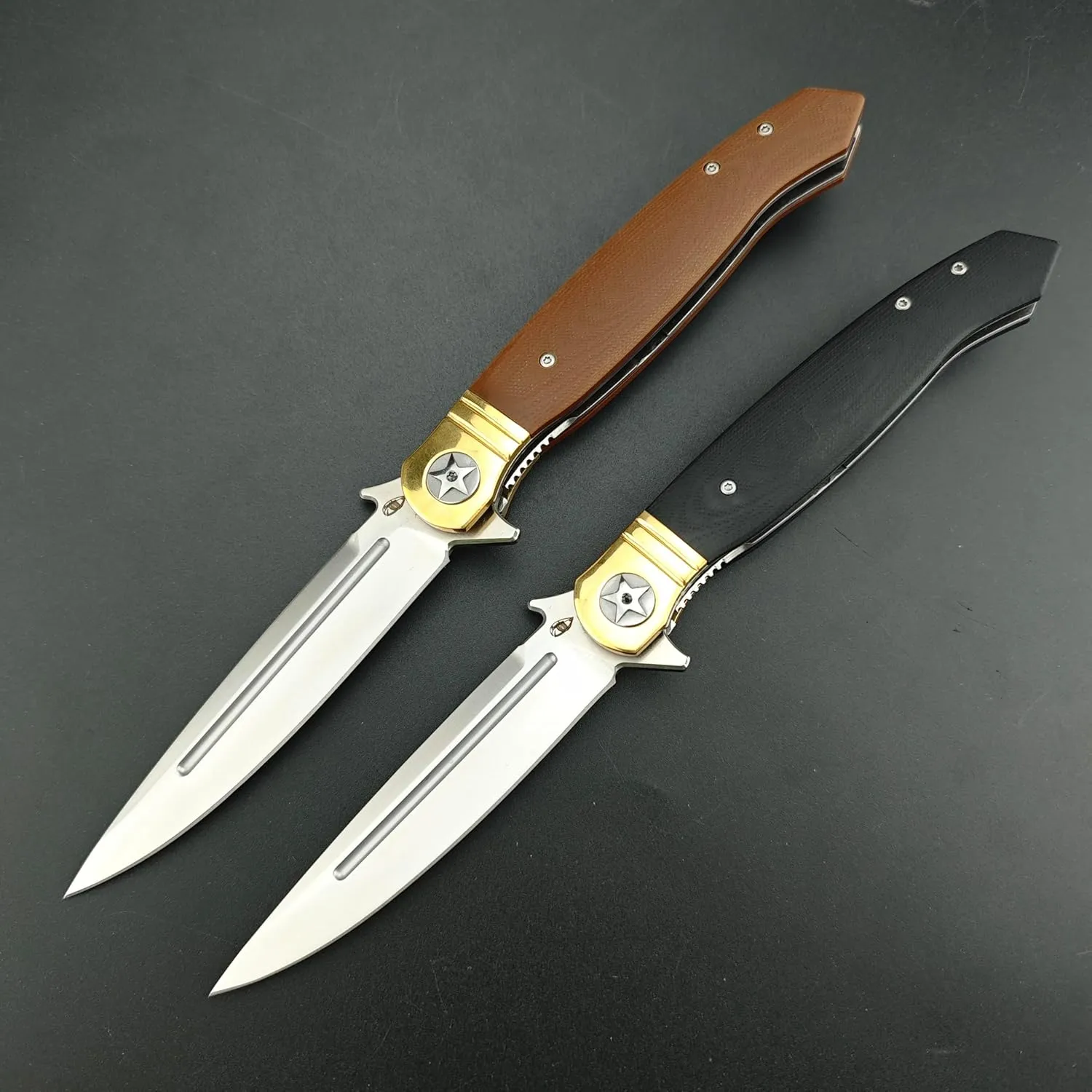 10" Large Finka-NKVD Flipper Opening Pocket Knife，Folding Knives with Clip and Liner Lock，440C Blade and Brown G10 Handle，EDC Tool for Camping，Hiking，Fishing (Black)