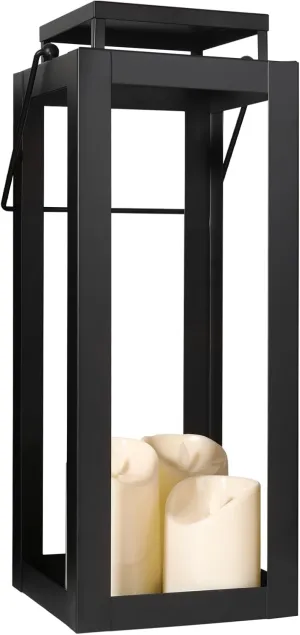 12.4" Black Metal Modern Candle Lantern – Decorative Hurricane Lantern for Indoor & Outdoor Use, Ideal for Table, Black Lantern for Mantle, Halloween, Christmas, and Wedding Decor (No Glass Panel)