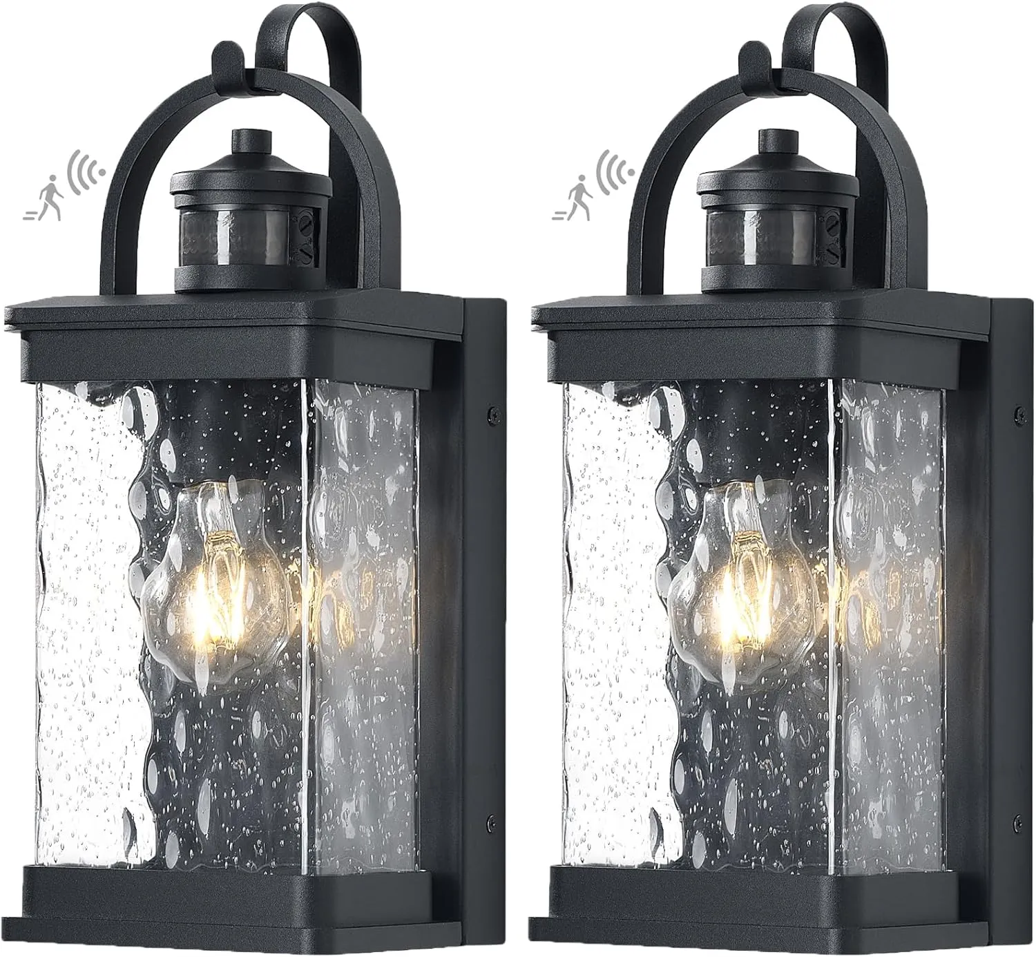 14.7 Inch High Motion Sensor Outdoor Wall Light Fixture, Dusk to Dawn Exterior Wall Lantern for Patio, Black Motion Activated Porch Lights Mount for Garage, Front Door, 2 Pack, Seeded Glass