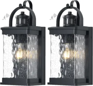 14.7 Inch High Motion Sensor Outdoor Wall Light Fixture, Dusk to Dawn Exterior Wall Lantern for Patio, Black Motion Activated Porch Lights Mount for Garage, Front Door, 2 Pack, Seeded Glass