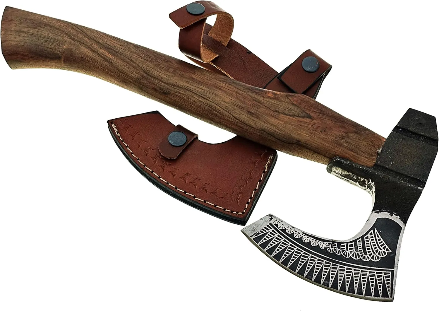 15 Inch long Bearded hiking Axe, Carbon steel blade with laser etching, Easy grip Rose wood round handle, Leather sheath included