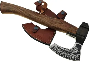 15 Inch long Bearded hiking Axe, Carbon steel blade with laser etching, Easy grip Rose wood round handle, Leather sheath included
