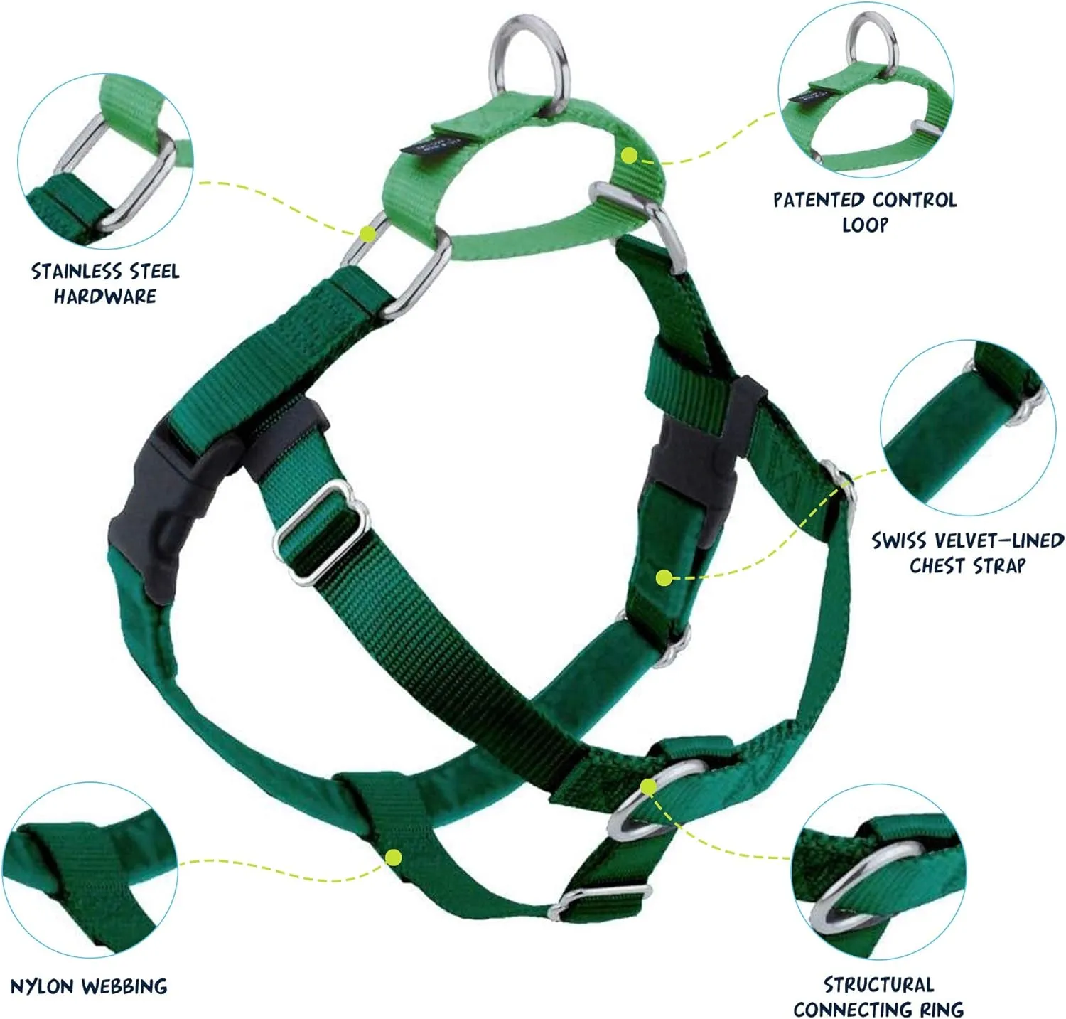 2 Hounds Design Freedom No Pull Dog Harness, Adjustable Harness, Easy Walking & Comfortable Control, Fits Small, Medium & Large Dogs, Solid Colors, Made in USA, 1" MD, Kelly Green