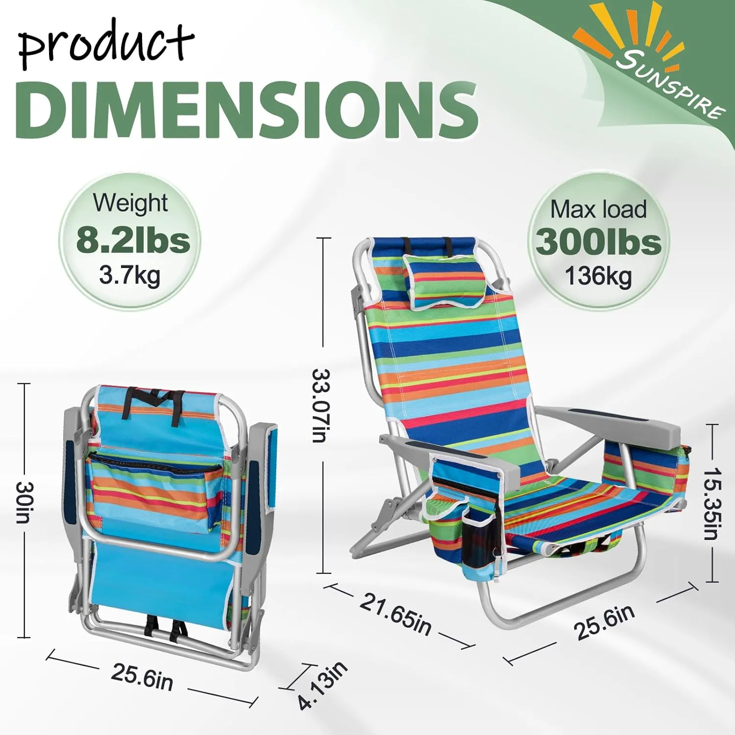 2 Pack 5-Position Aluminum Backpack Beach Chair Classic Lay Flat Folding Chairs, with Cooler Bag, Cup Holder for Beach Sport Lawn Picnic, Foldable Camping Chair Multi Stripes