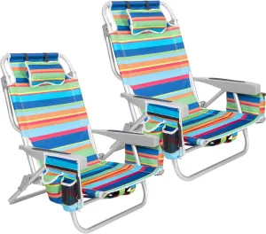 2 Pack 5-Position Aluminum Backpack Beach Chair Classic Lay Flat Folding Chairs, with Cooler Bag, Cup Holder for Beach Sport Lawn Picnic, Foldable Camping Chair Multi Stripes