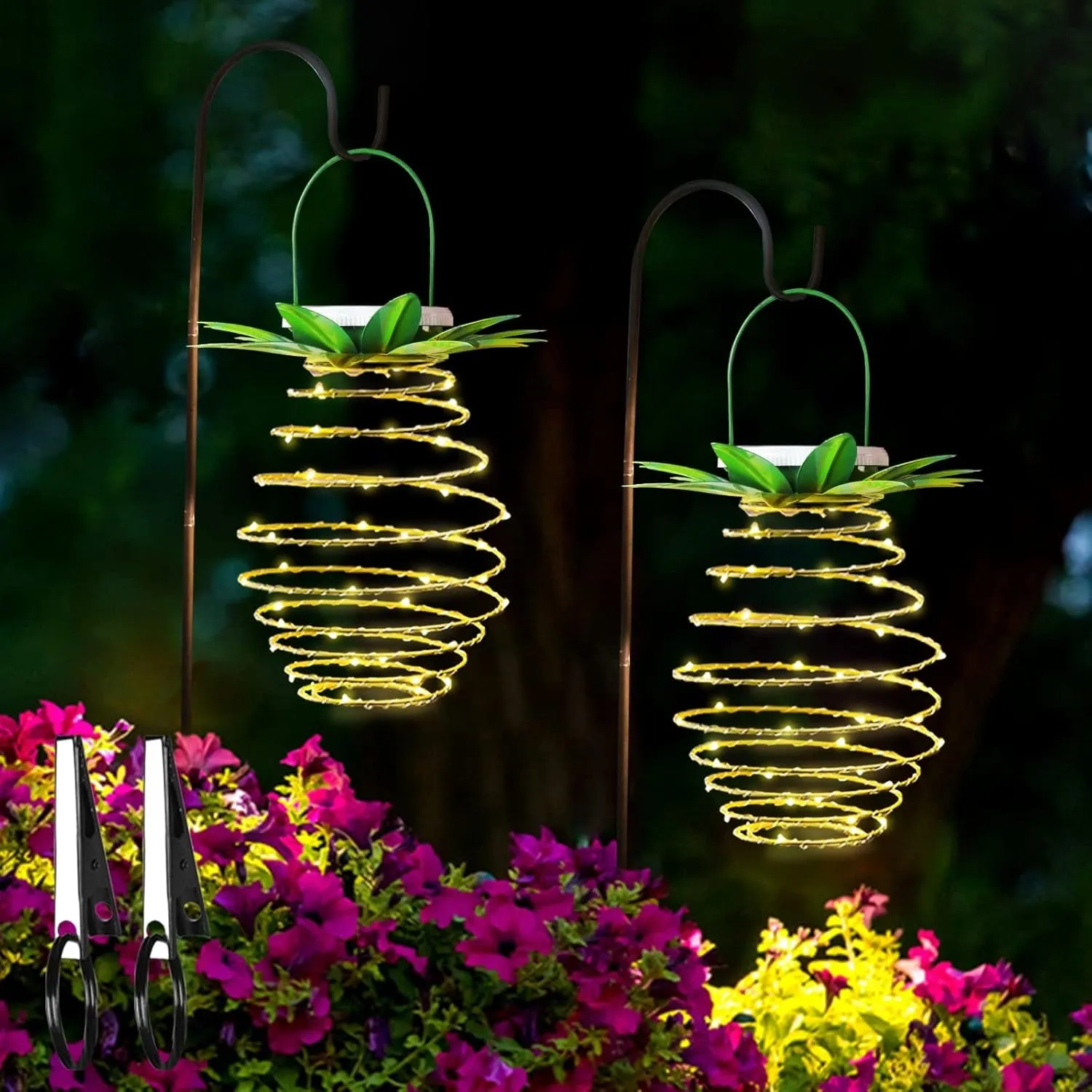2 Pack 60LEDS Pineapple Solar Lights Outdoor Solar Lights Hanging Solar Lantern with Handle, Solar Powered Garden Outdoor Decorative Pineapple Lights for Patio Yard Porch Path (Warm White)