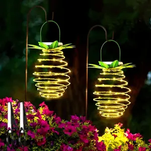 2 Pack 60LEDS Pineapple Solar Lights Outdoor Solar Lights Hanging Solar Lantern with Handle, Solar Powered Garden Outdoor Decorative Pineapple Lights for Patio Yard Porch Path (Warm White)