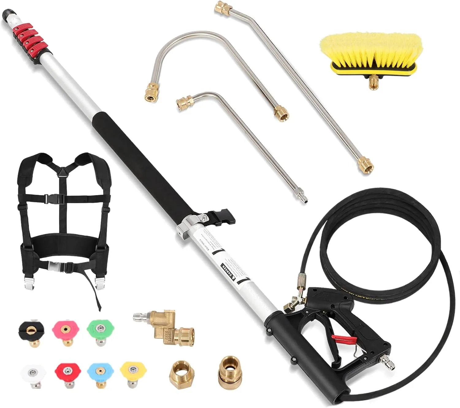 24FT Telescoping Pressure Washer Wand, Power Extension Sprayer with 7 Spray Nozzles and Brush Head,Extension Wand Gutter Cleaner Attachment with 2 3/8" Hose Inlet Adapters, Support Harness