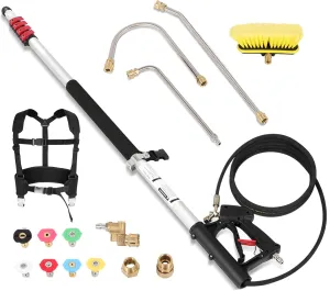 24FT Telescoping Pressure Washer Wand, Power Extension Sprayer with 7 Spray Nozzles and Brush Head,Extension Wand Gutter Cleaner Attachment with 2 3/8" Hose Inlet Adapters, Support Harness