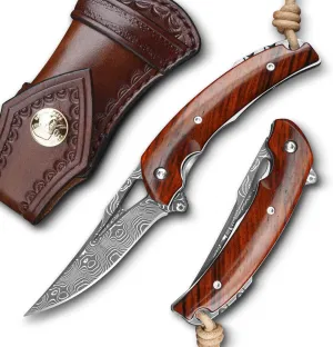 3-inch Japanese VG 10 Damascus steel pocket knife, lined with lock and leather case, suitable for camping hunting folding knife, portable outdoor camping fishing knife