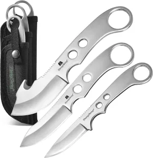 3 Piece Full Tang Fixed Blade Knives, Survival Knives Bowie knife and Gut Hook Knife with Nylon Sheath for Hiking, Outdoor Camping Activities