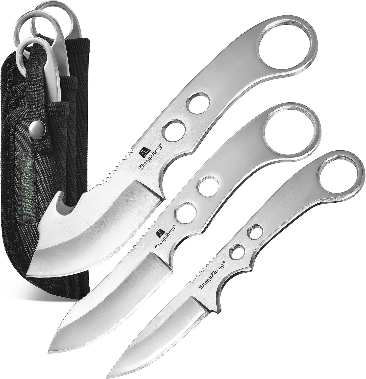 3 Piece Full Tang Fixed Blade Knives, Survival Knives Bowie knife and Gut Hook Knife with Nylon Sheath for Hiking, Outdoor Camping Activities