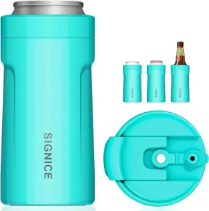 4 In 1 Insulated Universal Can Cooler with Lid - Newest Signice 12 Oz Stainless Steel Can Cooler Double Walled Vacuum Insulator for Skinny Tall Slim Standard Regular Can Beer Bottle (Aqua)