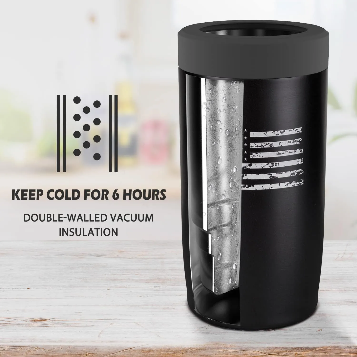 4-in-1 Slim Can Cooler Easy to Hold Insulated Beer Can Holder Double-walled Stainless Steel for All 12 Oz Cans (Black America Flag)