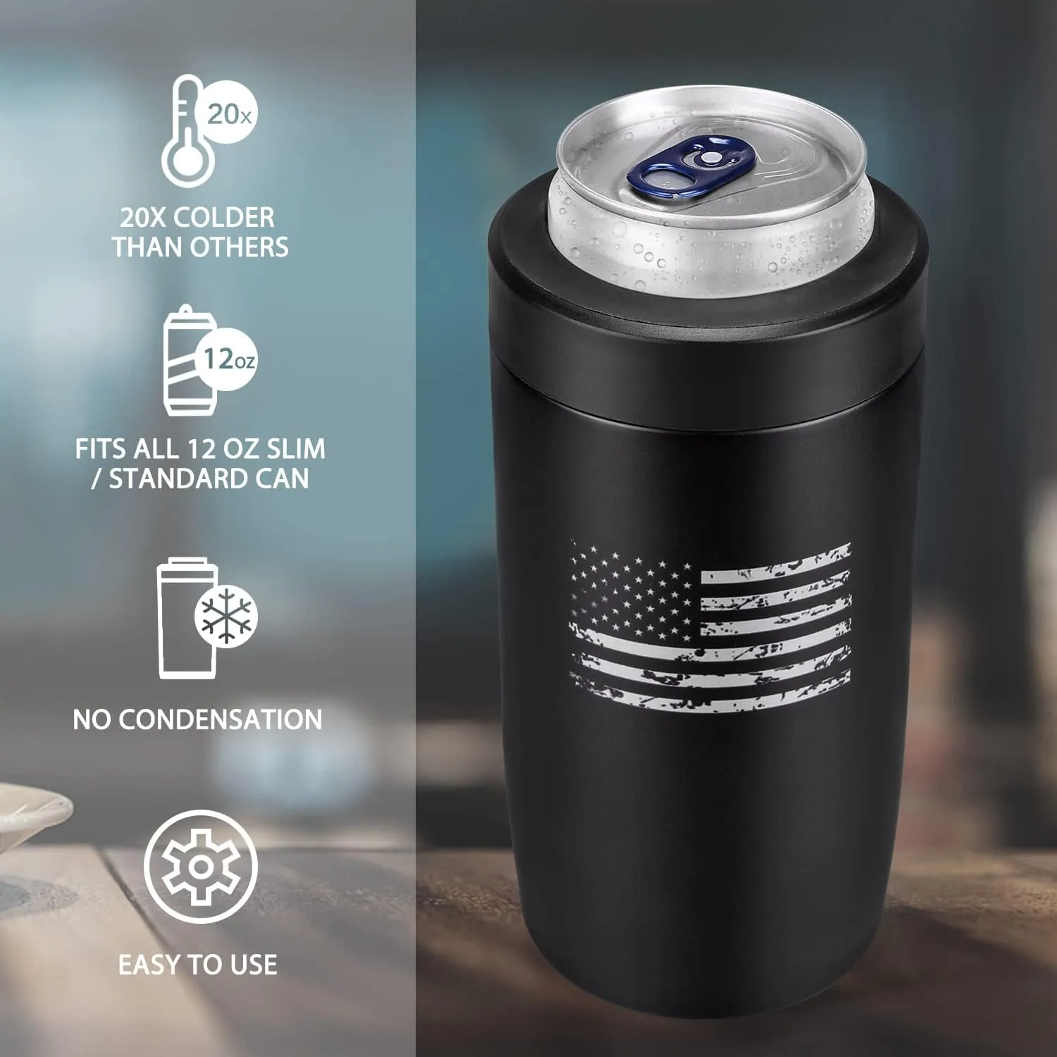 4-in-1 Slim Can Cooler Easy to Hold Insulated Beer Can Holder Double-walled Stainless Steel for All 12 Oz Cans (Black America Flag)