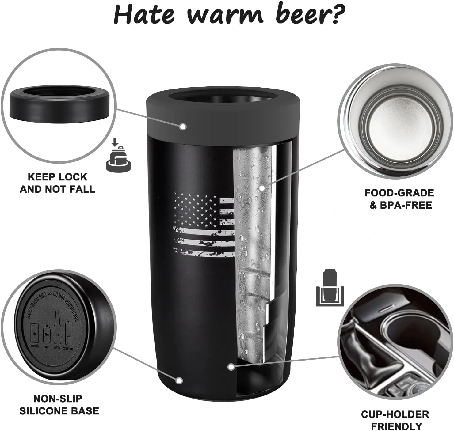 4-in-1 Slim Can Cooler Easy to Hold Insulated Beer Can Holder Double-walled Stainless Steel for All 12 Oz Cans (Black America Flag)