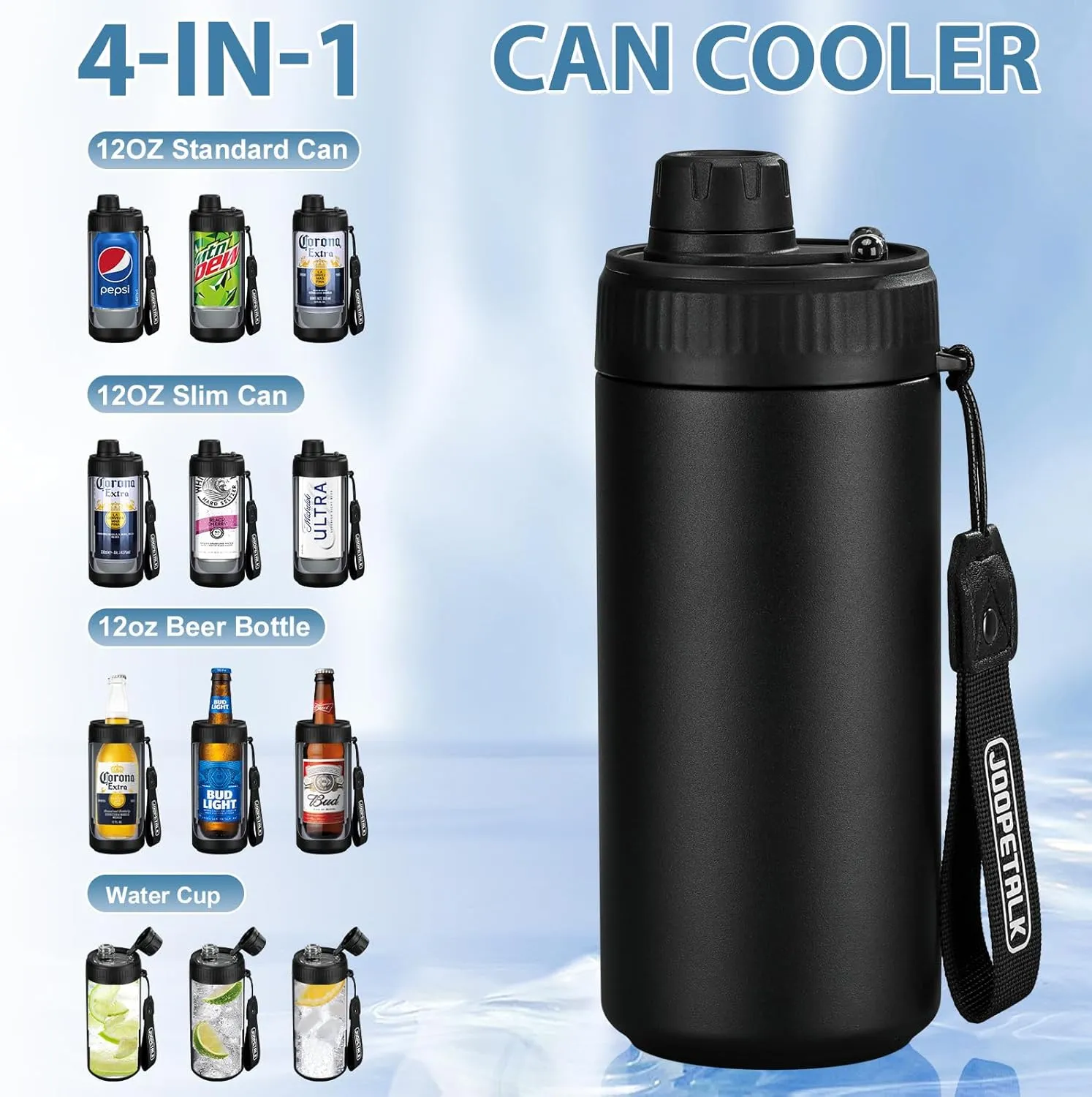 4-in-1 Universal Can Cooler Fits 12 Oz Standard, Slim Cans and Bottles   100% Leak Proof Water Bottle with Lid | Insulated for Beer, Soda, and Energy Drinks, Dishwasher Safe