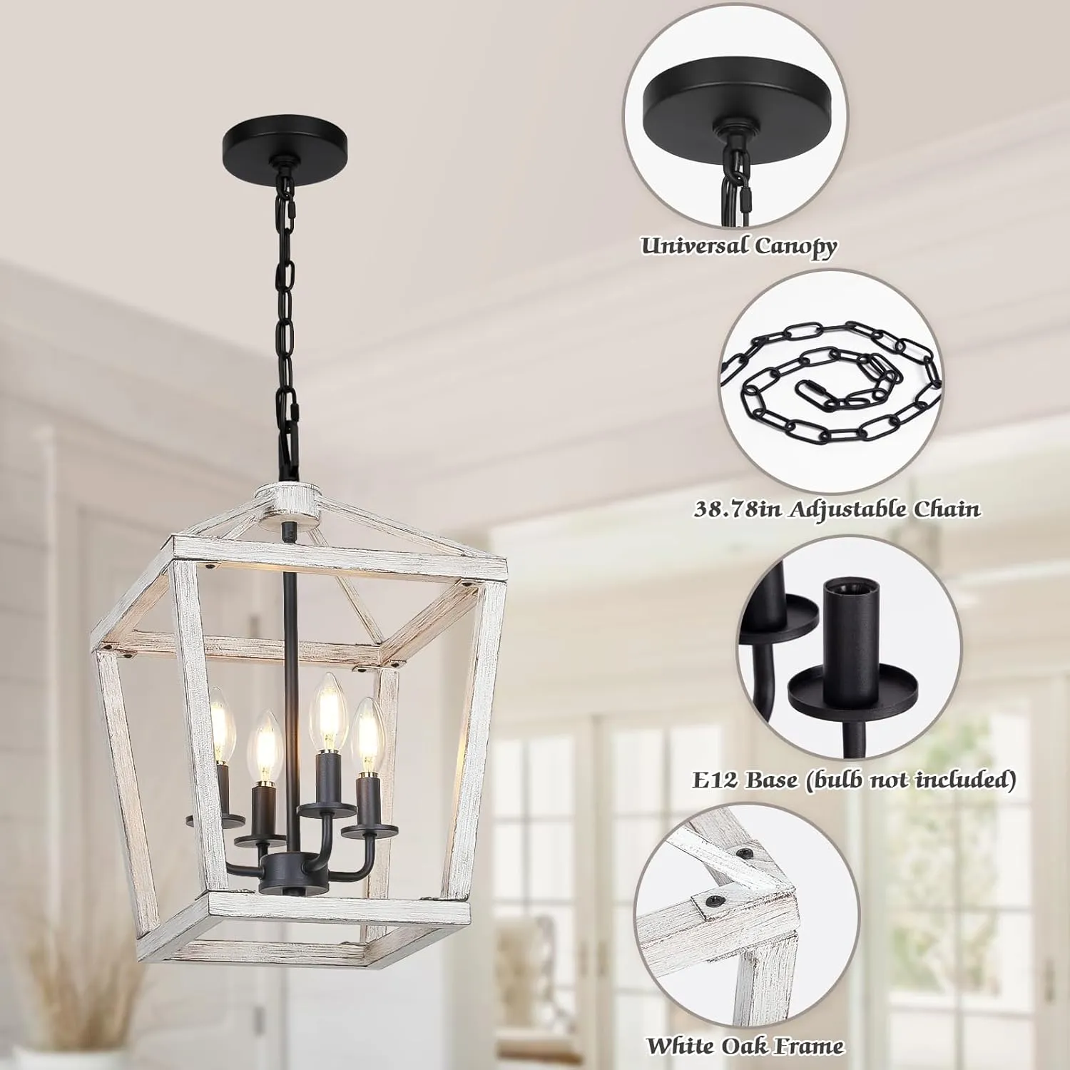4 Light Rustic Chandelier, Farmhouse Lantern Fixture with Brushed White Oak Cage and Adjustable Chain, E12 Base Geometric Hanging Light Fixture Ceiling lighting for Entryway Kitchen Island, Indoor Use