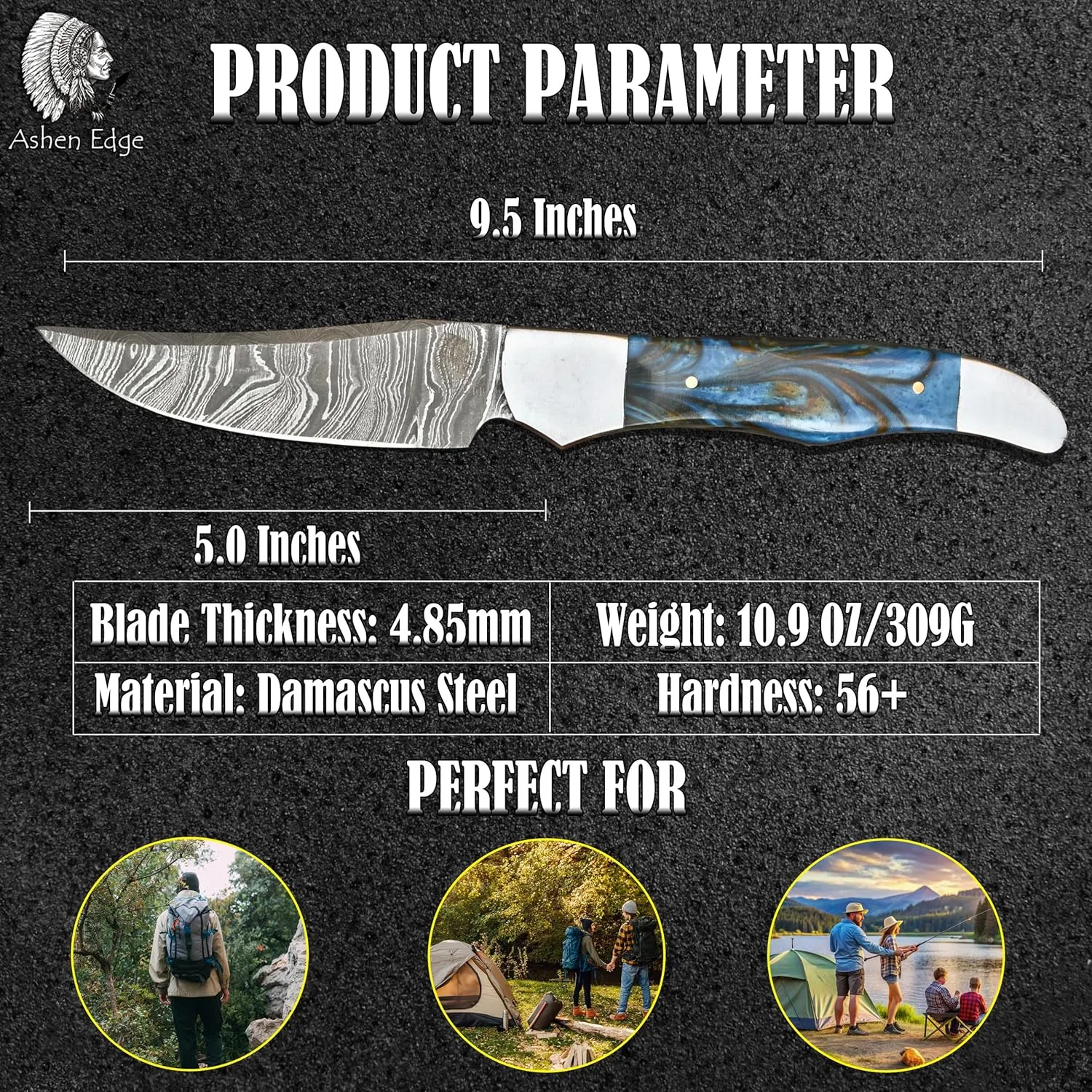 4.4" Fixed Blade Knife Handmade Damascus Steel 5" Handle Lightweight 11.2oz Includes Leather Sheath for Camping, Outdoor (Turquoise)