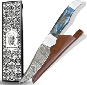 4.4" Fixed Blade Knife Handmade Damascus Steel 5" Handle Lightweight 11.2oz Includes Leather Sheath for Camping, Outdoor (Turquoise)