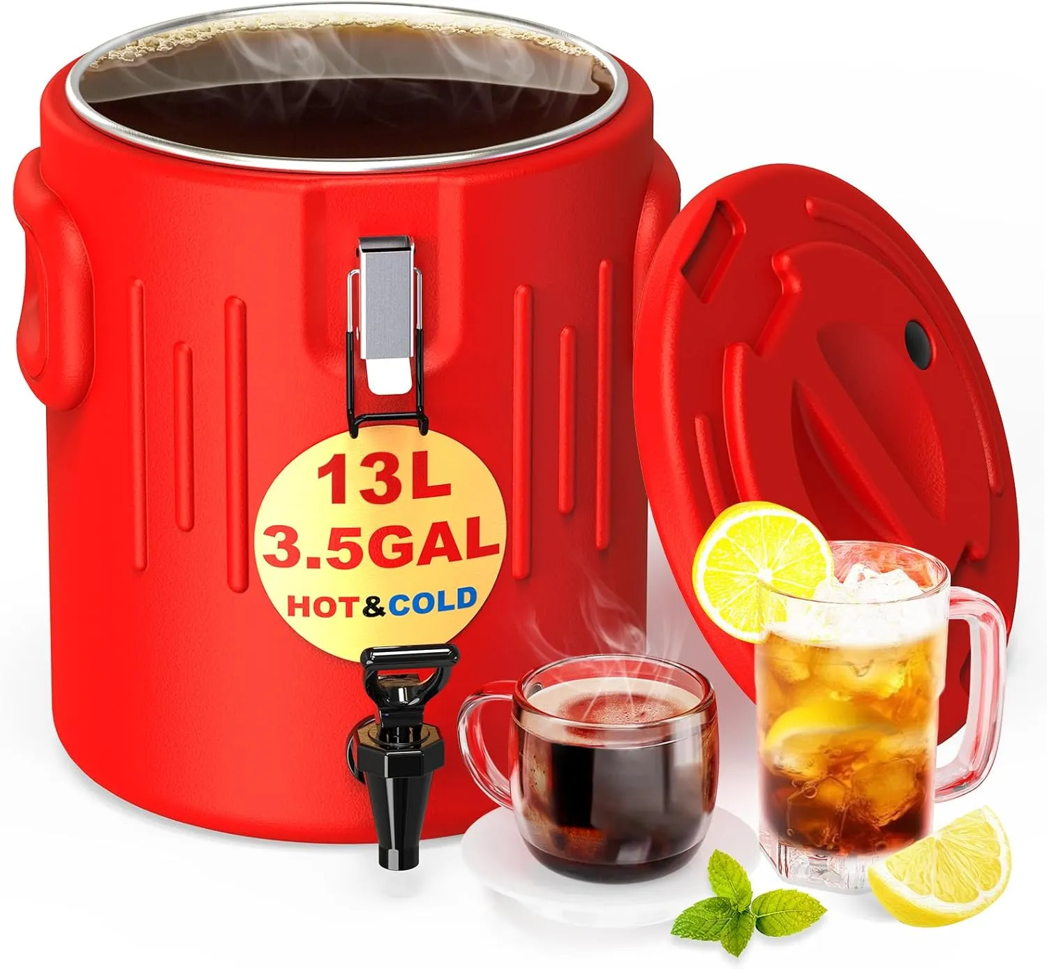 5-IN-1 Insulated Beverage Dispenser, Water Jug Dispenser with Spout for 3 to 5 Gallon Bottle, Stainless Steel Water Dispenser for Hot & Cold Liquid, Portable Cooler Jug for Camping, 3.5 Gallon