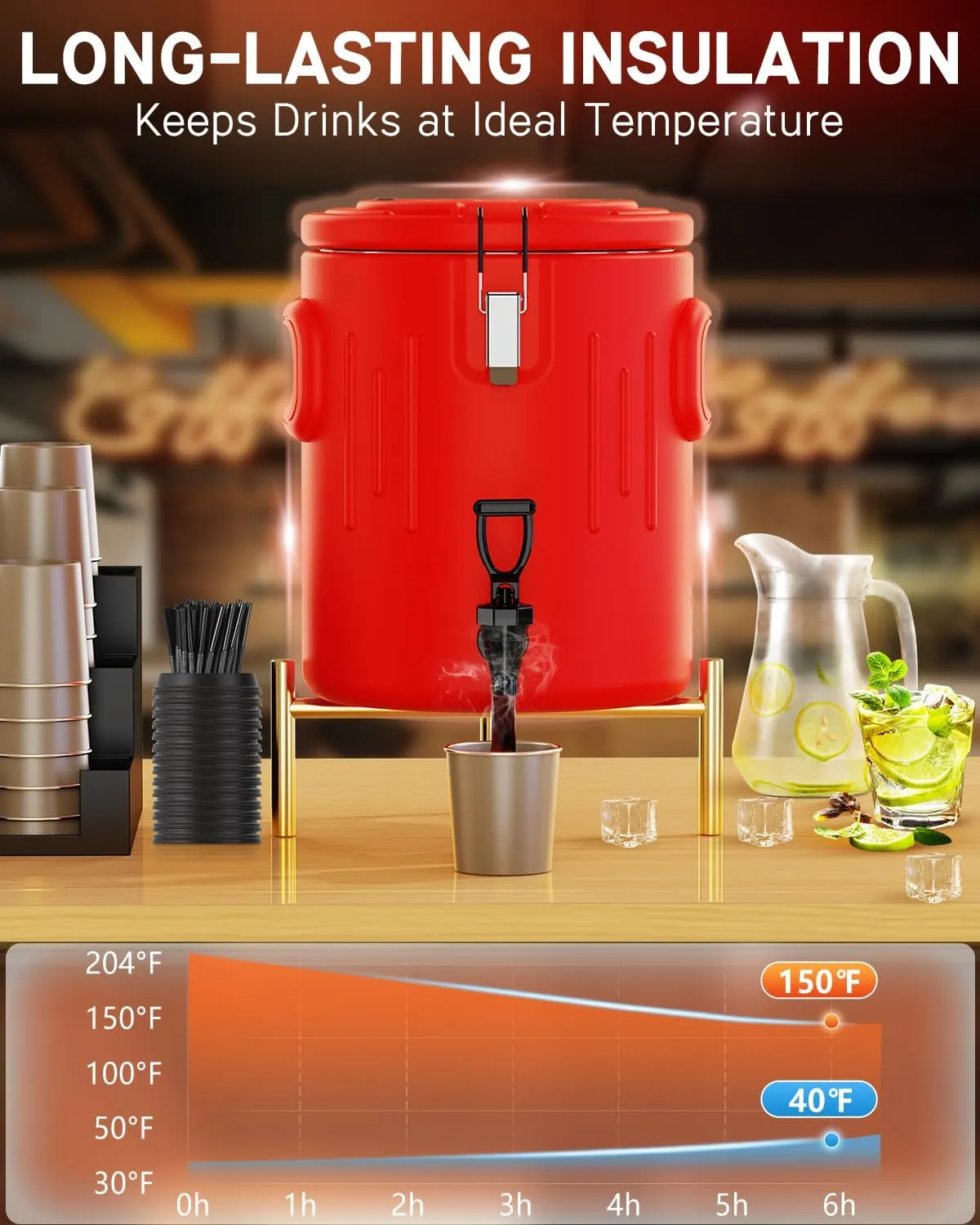 5-IN-1 Insulated Beverage Dispenser, Water Jug Dispenser with Spout for 3 to 5 Gallon Bottle, Stainless Steel Water Dispenser for Hot & Cold Liquid, Portable Cooler Jug for Camping, 3.5 Gallon
