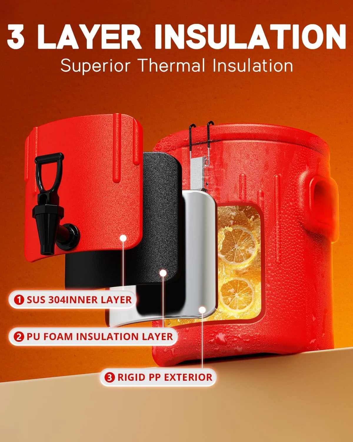 5-IN-1 Insulated Beverage Dispenser, Water Jug Dispenser with Spout for 3 to 5 Gallon Bottle, Stainless Steel Water Dispenser for Hot & Cold Liquid, Portable Cooler Jug for Camping, 3.5 Gallon