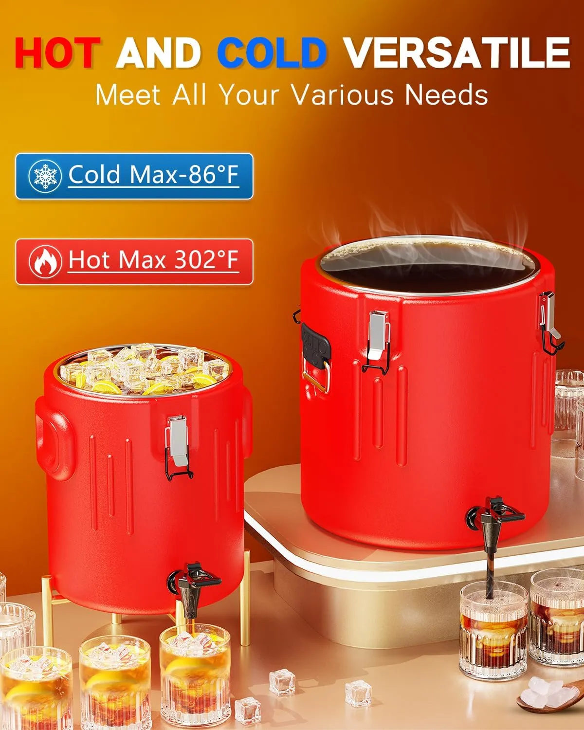 5-IN-1 Insulated Beverage Dispenser, Water Jug Dispenser with Spout for 3 to 5 Gallon Bottle, Stainless Steel Water Dispenser for Hot & Cold Liquid, Portable Cooler Jug for Camping, 3.5 Gallon