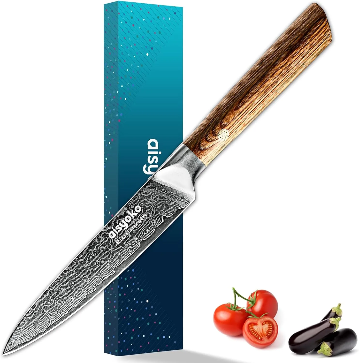 5-Inch Paring Knife - Japanese VG-10 Super Steel 67-Layer Damascus Blade - Fruit Utility Knife for Carving & Peeling - Luxury Gift Box with Color Wooden Handle - Includes Scabbard