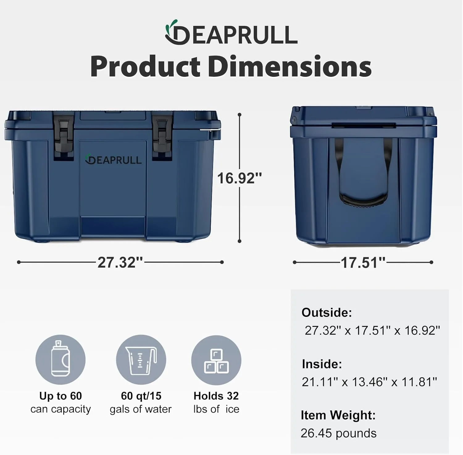 60 Quart Hard Cooler, Insulated Ice Chest Box Holds Ice for up to 6 Days, Portable Cooler with Nylon Rope Handles, Cup Holders, Double Latches for Camping Drink, Beach, Picnic, Fishing, Boat, Barbecue