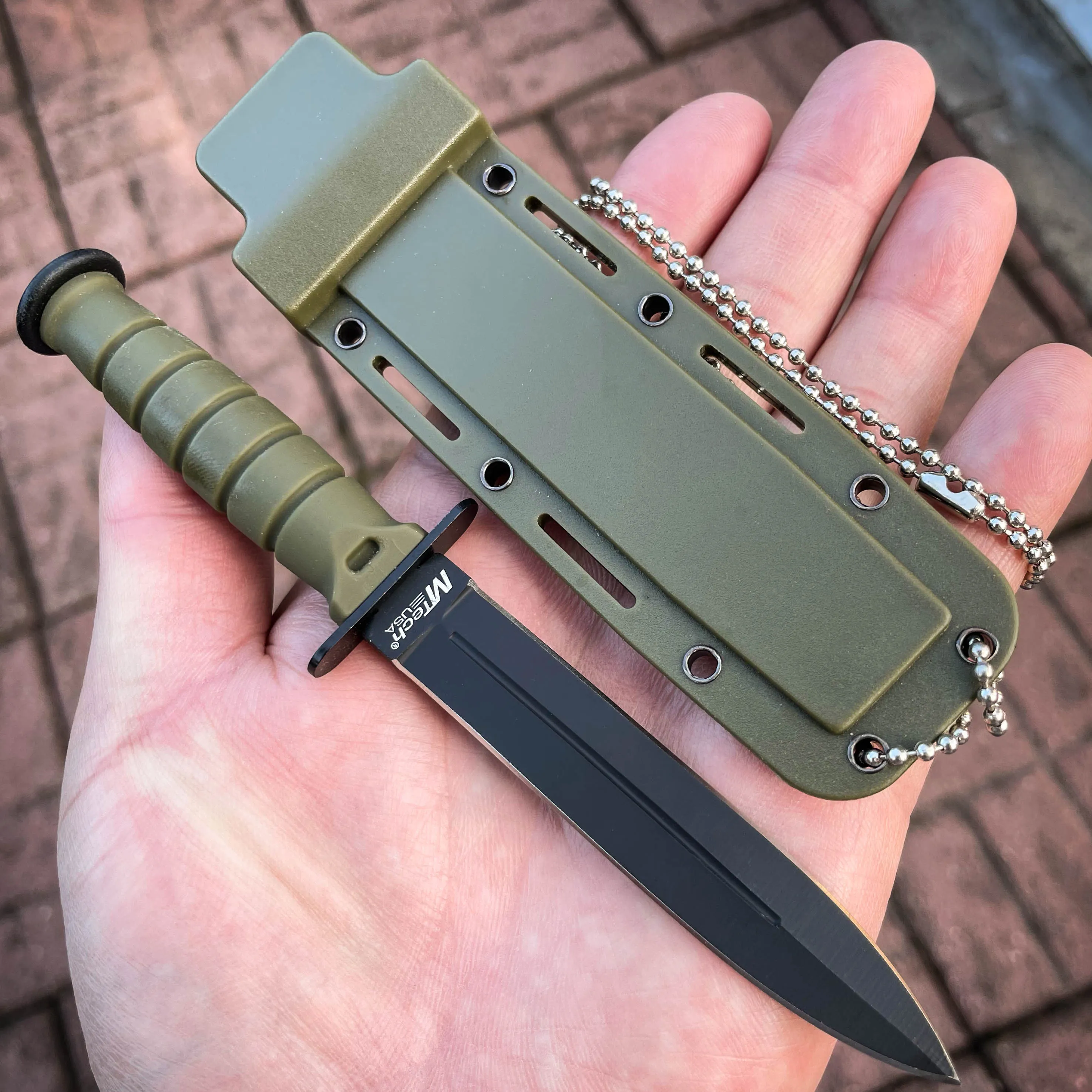 6" Military Kabai Tactical Combat FIXED Black Neck Knife w/ Chained Sheath