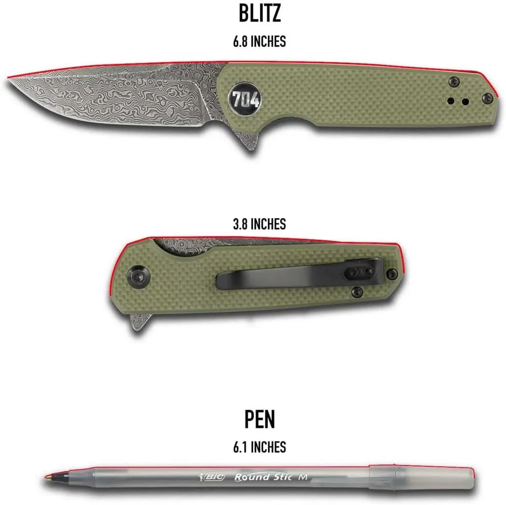 704 Gear Blitz EDC Folding Pocket Knife | Compact 2.98" Blade, D2 Steel, G10 Handle, Reversible Pocket Clip | Olive Drab Green