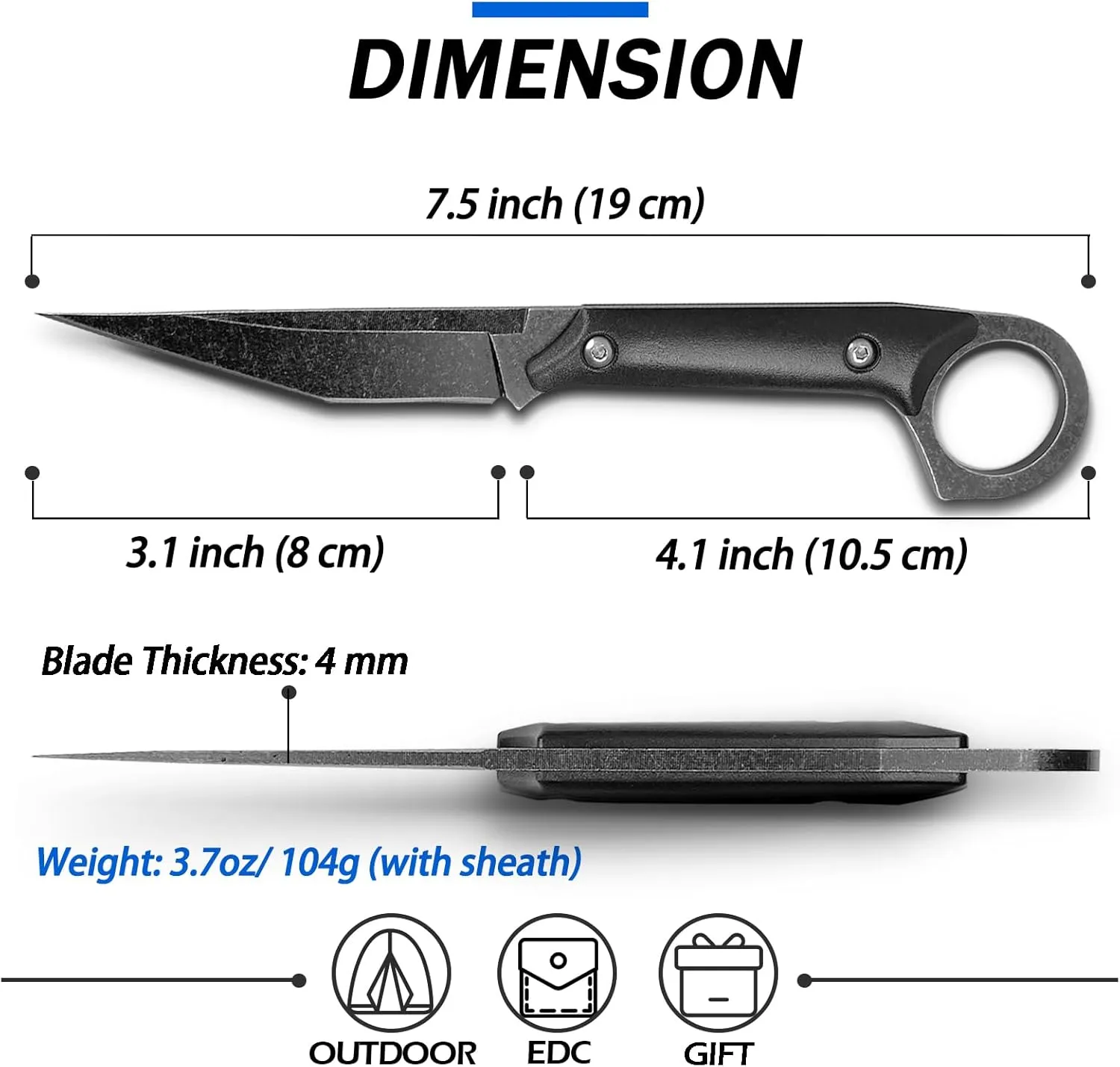 7.5 Inch Sharp Small Fixed Blade Knife with Kydex Sheath - Stonewashed D2 Steel Blade and G10 Handle