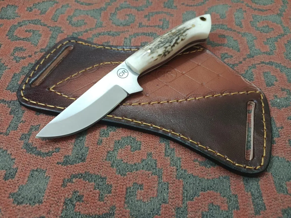 7" Handmade Fixed Blade Cowboy Skinner/Hunting knife with Leather Sheath, Stainless Steel Razor Sharp Blade and Stag Handle for Hunting, Bushcrafting, Camping and Hiking, Fighting, Fishing, Kitchen knife,