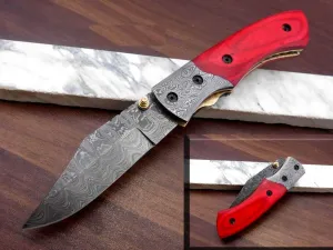 8" long hand forged custom made Damascus steel pocket clip folding knife, Natural scale with Damascus Bolster cow leather sheath (Red)