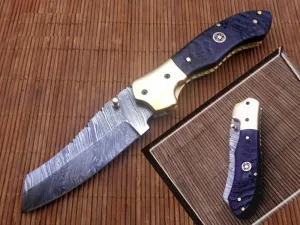 8" Tanto Blade Folding Knife, Natural Bull Horn and Camel bone scales, Hand Forged Twist Pattern Damascus Steel, Equipped with Thumb pin & Liner Lock, Cow Hide Leather Sheath Included (Ram Horn)