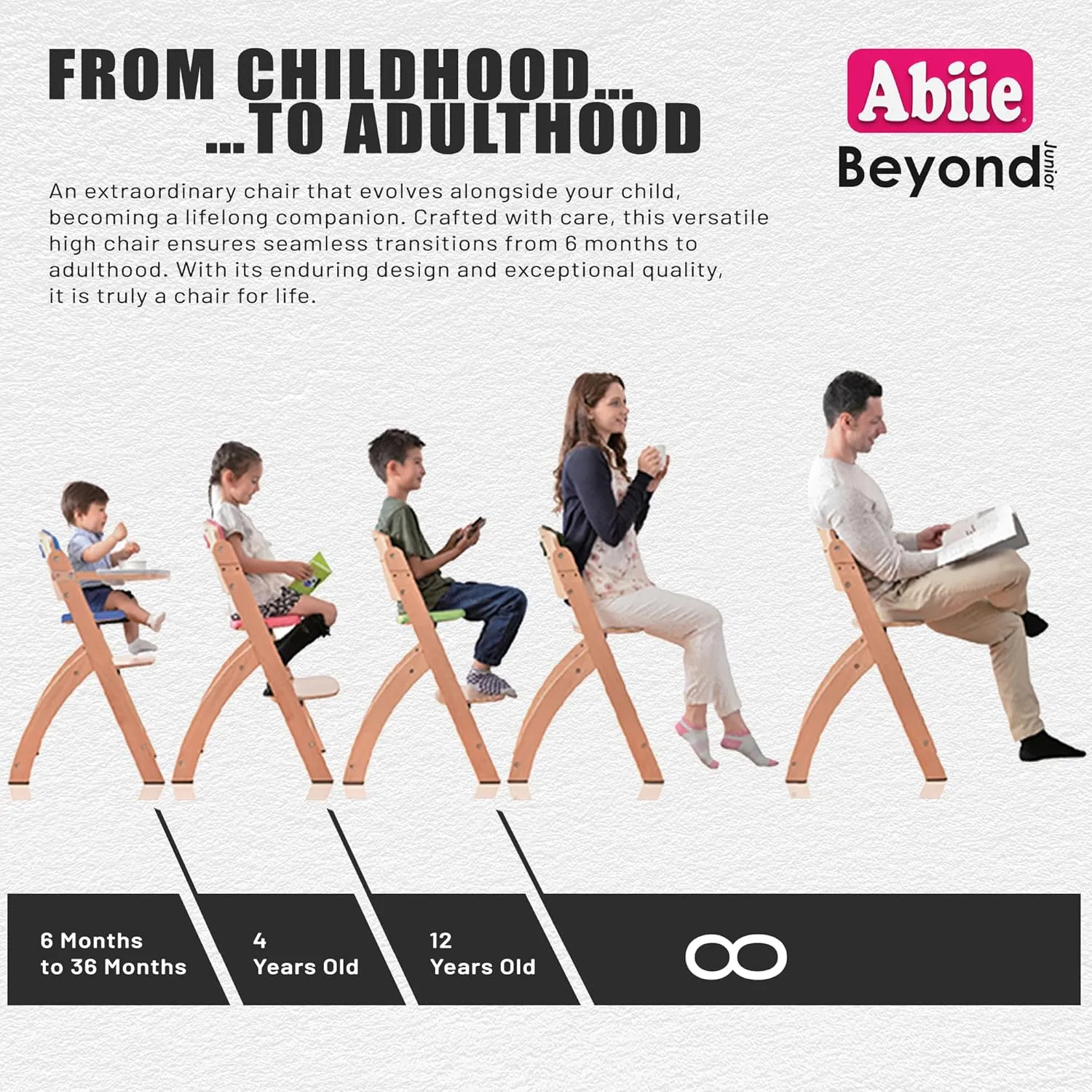 Abiie Beyond Junior Wooden High Chair with Tray - Adjustable and Convertible High Chair for Babies and Toddlers - 6 Months to 250 Lb - Water Resistant - Natural Wood with Blueberry Cushion