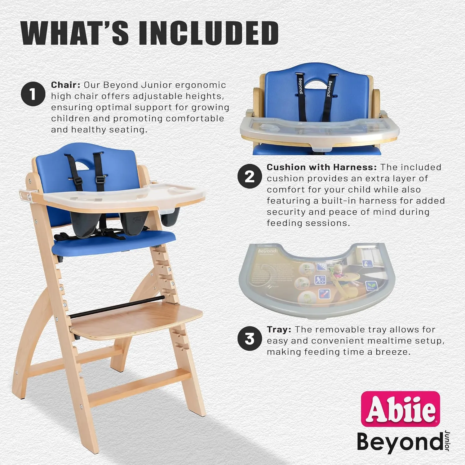 Abiie Beyond Junior Wooden High Chair with Tray - Adjustable and Convertible High Chair for Babies and Toddlers - 6 Months to 250 Lb - Water Resistant - Natural Wood with Blueberry Cushion