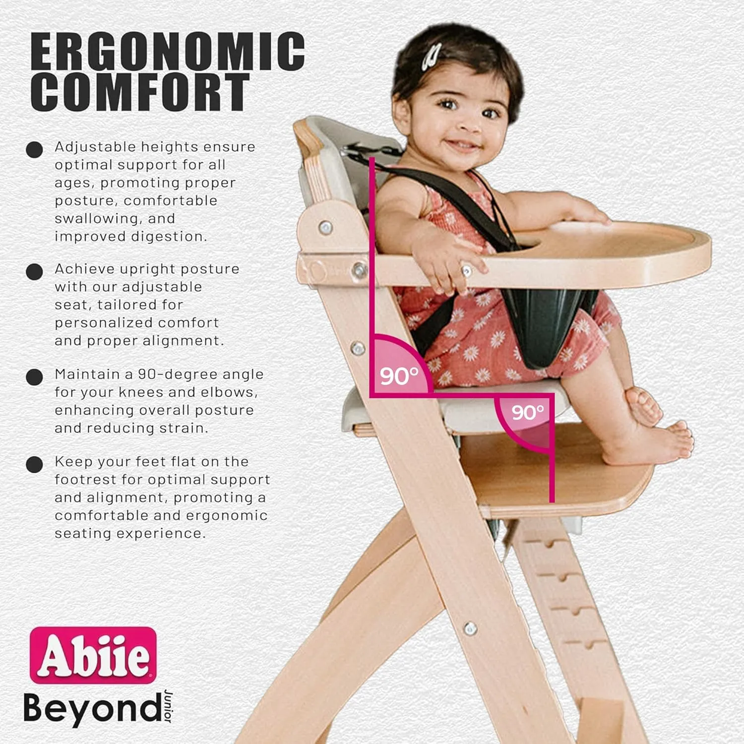 Abiie Beyond Junior Wooden High Chair with Tray - Adjustable and Convertible High Chair for Babies and Toddlers - 6 Months to 250 Lb - Water Resistant - Natural Wood with Blueberry Cushion