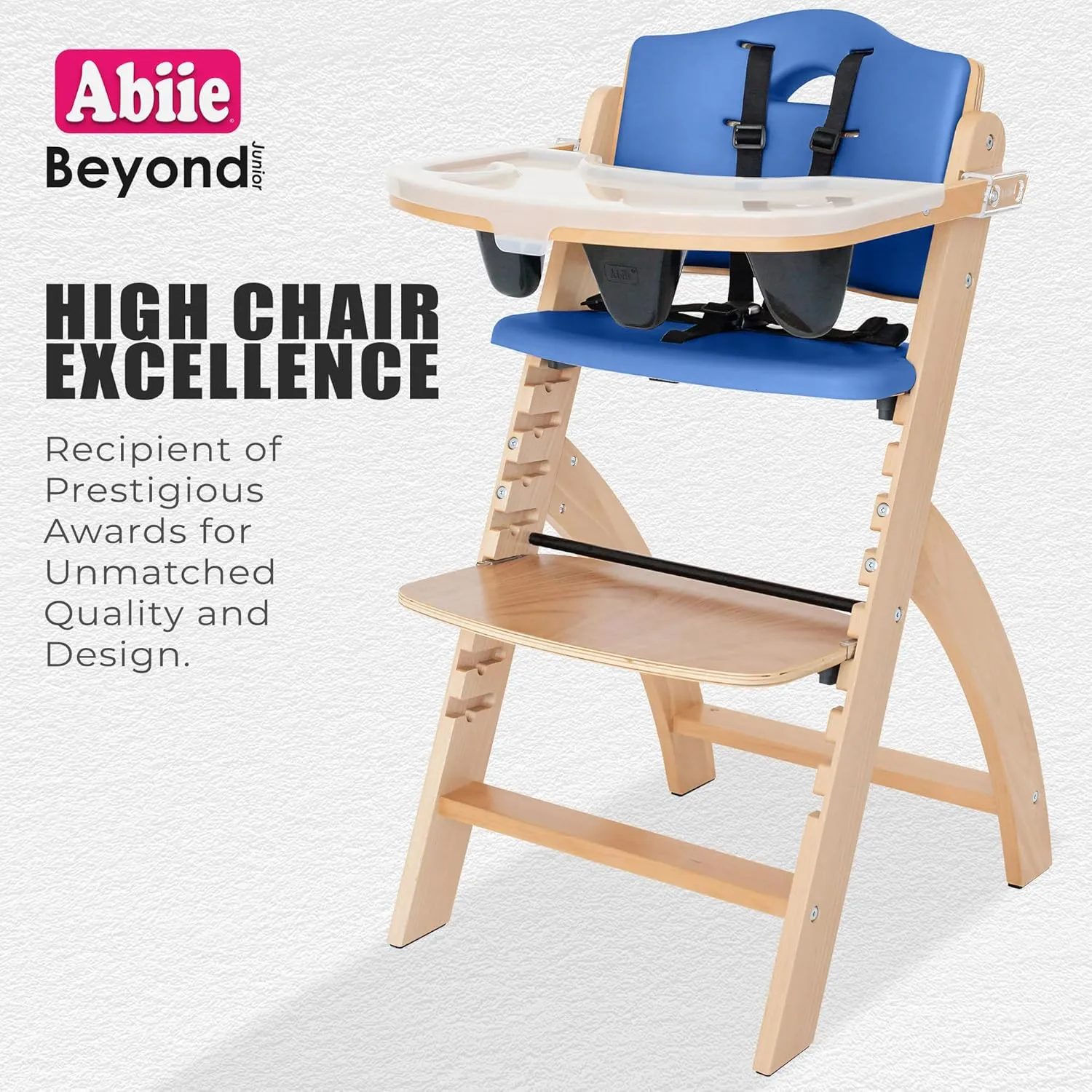 Abiie Beyond Junior Wooden High Chair with Tray - Adjustable and Convertible High Chair for Babies and Toddlers - 6 Months to 250 Lb - Water Resistant - Natural Wood with Blueberry Cushion