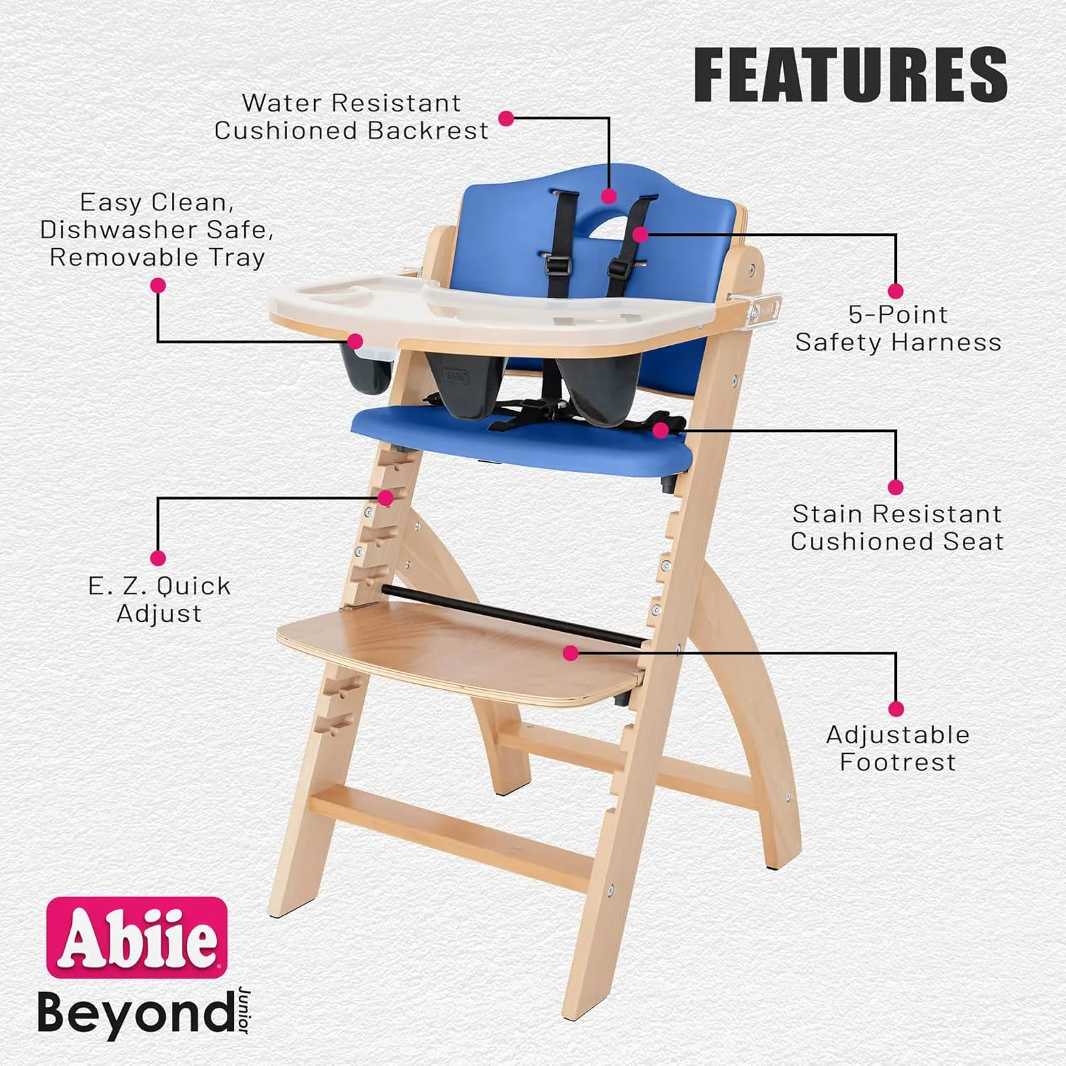 Abiie Beyond Junior Wooden High Chair with Tray - Adjustable and Convertible High Chair for Babies and Toddlers - 6 Months to 250 Lb - Water Resistant - Natural Wood with Blueberry Cushion