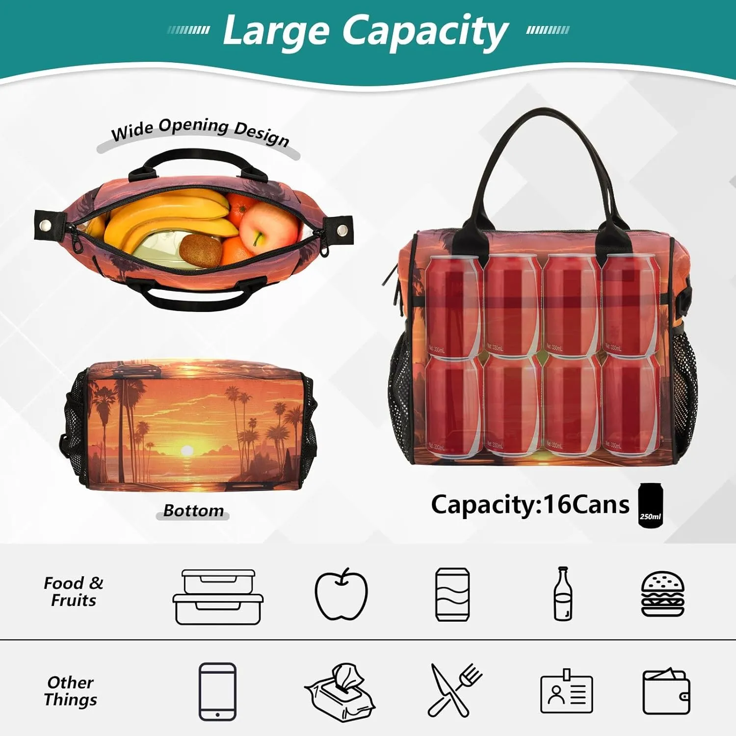 Adult Lunch Box Insulated Lunch Bag Sunset Street Car Landscape Large Cooler Tote Bag for Work Picnic or Travel with Adjustable Shoulder Strap