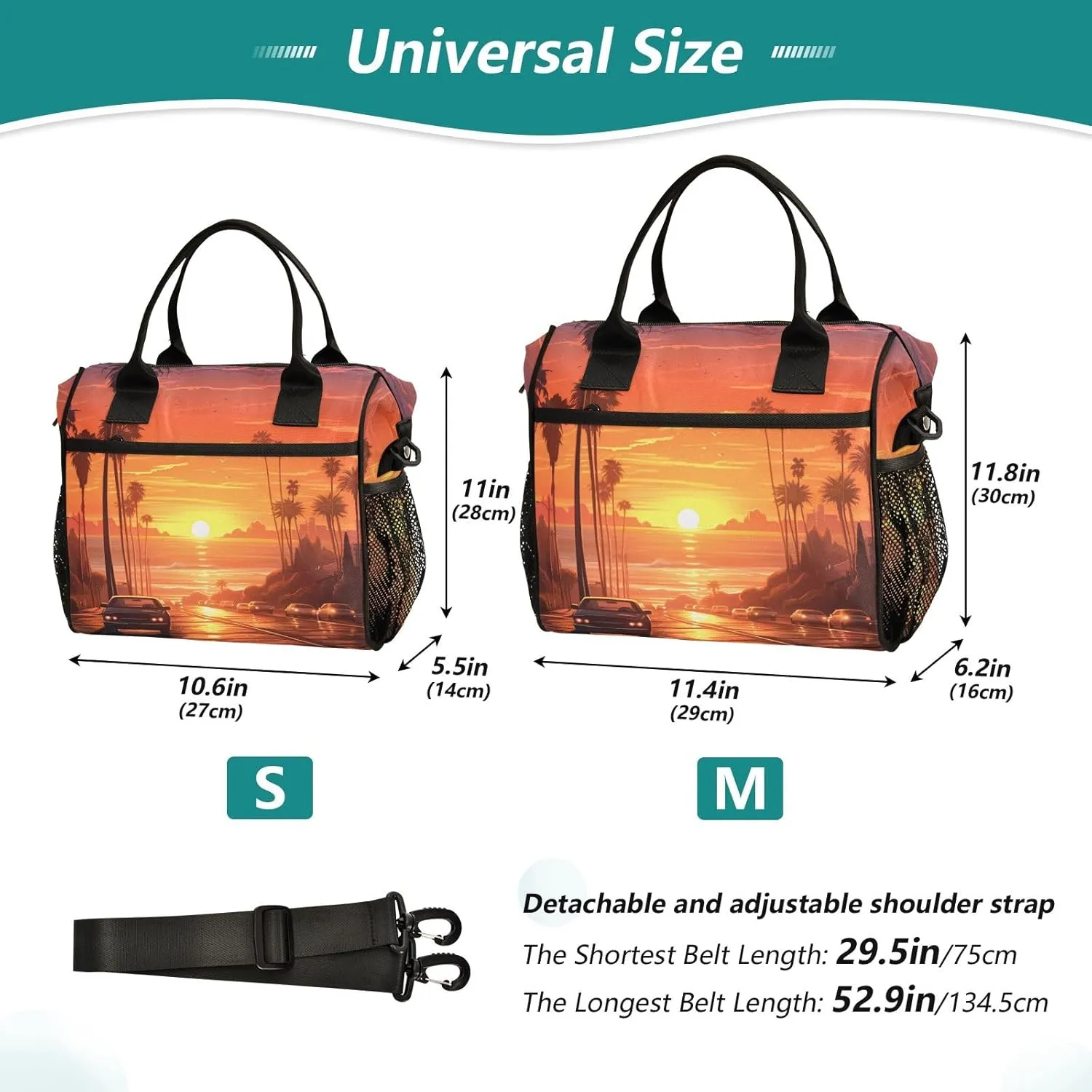 Adult Lunch Box Insulated Lunch Bag Sunset Street Car Landscape Large Cooler Tote Bag for Work Picnic or Travel with Adjustable Shoulder Strap