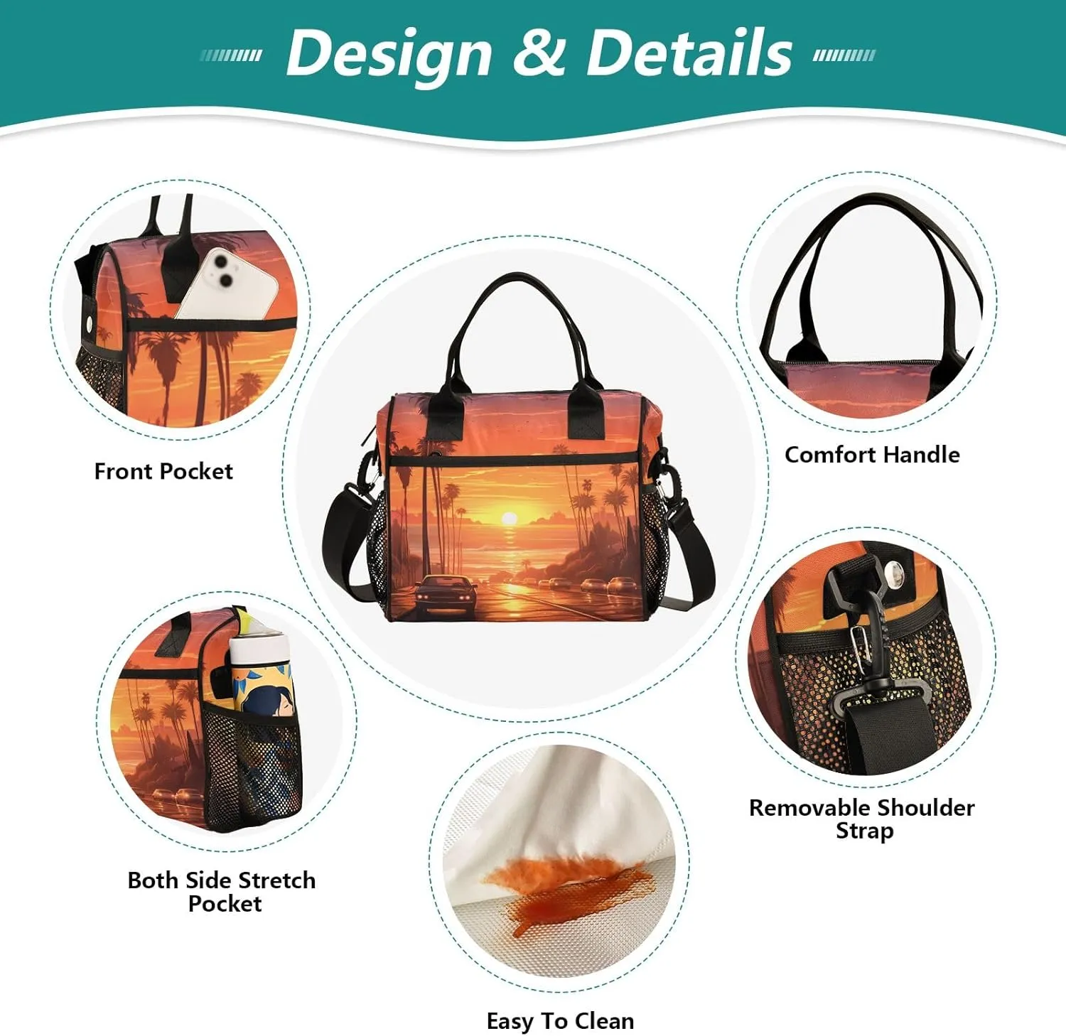 Adult Lunch Box Insulated Lunch Bag Sunset Street Car Landscape Large Cooler Tote Bag for Work Picnic or Travel with Adjustable Shoulder Strap