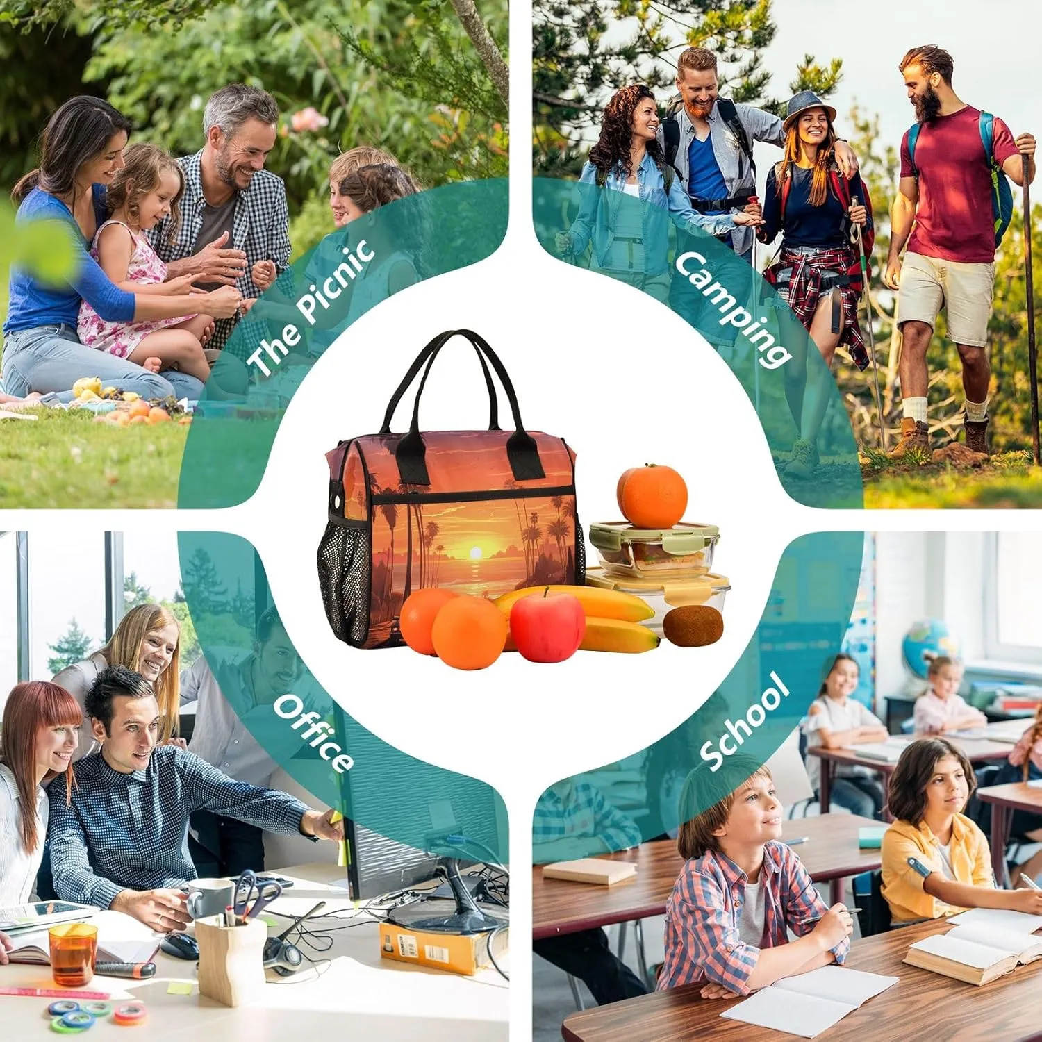 Adult Lunch Box Insulated Lunch Bag Sunset Street Car Landscape Large Cooler Tote Bag for Work Picnic or Travel with Adjustable Shoulder Strap