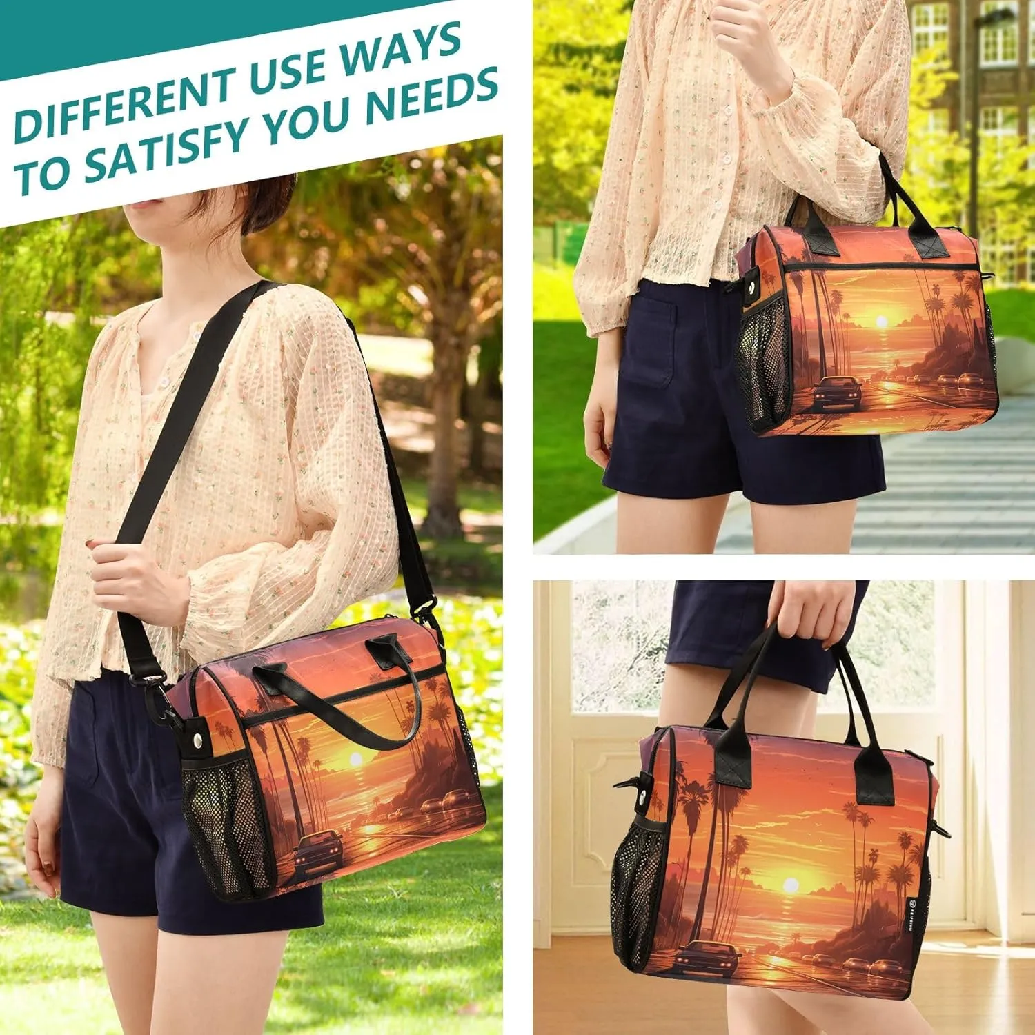 Adult Lunch Box Insulated Lunch Bag Sunset Street Car Landscape Large Cooler Tote Bag for Work Picnic or Travel with Adjustable Shoulder Strap