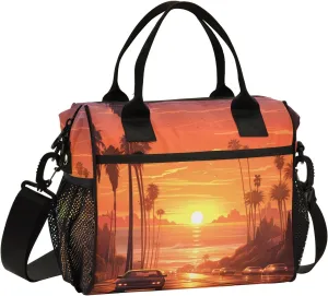 Adult Lunch Box Insulated Lunch Bag Sunset Street Car Landscape Large Cooler Tote Bag for Work Picnic or Travel with Adjustable Shoulder Strap