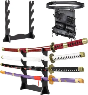 Adust Carbon Steel Roronoa Zoro Swords, Real Metal Anime Sword, Roronoa Zoro Cosplay Costume 41 inch Overall, Japanese Zoro Katana Samurai Sword 3-Piece Set/4-Piece Set